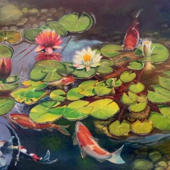 Schilderij getiteld "Koï dans un étang d…" door Iryna Tsai, Origineel Kunstwerk, Olie Gemonteerd op Frame voor houten branca…