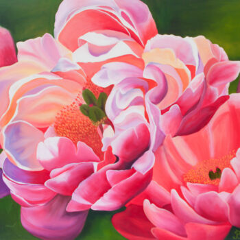 Painting titled "Peonies in the gard…" by Iryna Bila, Original Artwork, Oil Mounted on Wood Stretcher frame