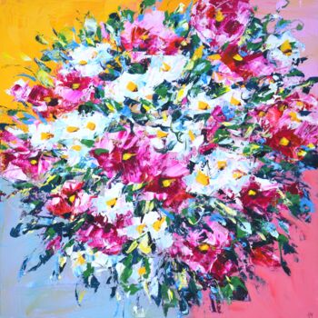 Painting titled "Pink bouquet." by Iryna Kastsova, Original Artwork, Acrylic Mounted on Wood Stretcher frame