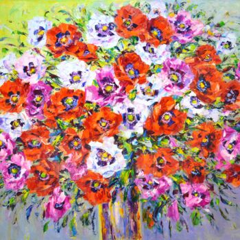 Painting titled "Poppies." by Iryna Kastsova, Original Artwork, Oil Mounted on Wood Stretcher frame