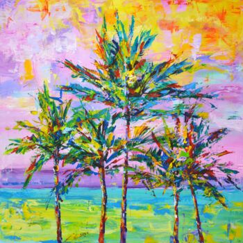 Painting titled "California palms 2" by Iryna Kastsova, Original Artwork, Acrylic Mounted on Wood Stretcher frame