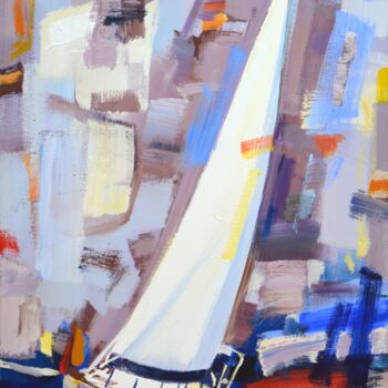 Painting titled "Sailboat 8." by Iryna Kastsova, Original Artwork, Acrylic Mounted on Wood Stretcher frame