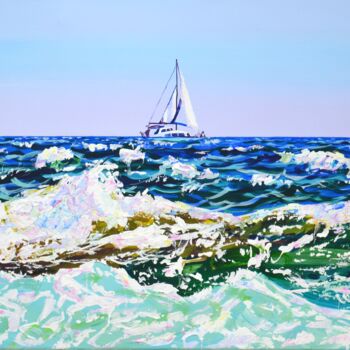 Painting titled "Ocean. Waves. Yacht." by Iryna Kastsova, Original Artwork, Acrylic Mounted on Wood Stretcher frame