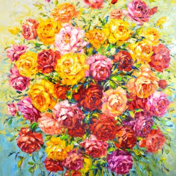 Painting titled "Roses." by Iryna Kastsova, Original Artwork, Oil Mounted on Wood Stretcher frame