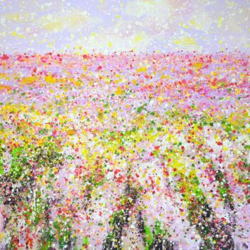 Ζωγραφική με τίτλο "Pink flower field." από Iryna Kastsova, Αυθεντικά έργα τέχνης, Ακρυλικό Τοποθετήθηκε στο Ξύλινο φορείο σ…