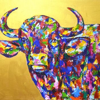 Painting titled "Bull on gold 2." by Iryna Kastsova, Original Artwork, Acrylic Mounted on Wood Stretcher frame