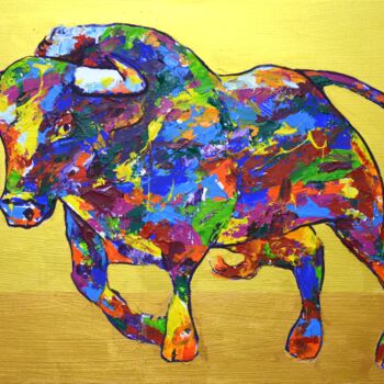 Painting titled "Bull on gold 3." by Iryna Kastsova, Original Artwork, Acrylic Mounted on Wood Stretcher frame