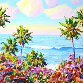 Painting titled "Palm trees. Ocean.…" by Iryna Kastsova, Original Artwork, Acrylic Mounted on Wood Stretcher frame