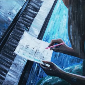 Painting titled "Composer in process" by Iryna Kazmiruk, Original Artwork, Oil Mounted on Wood Stretcher frame