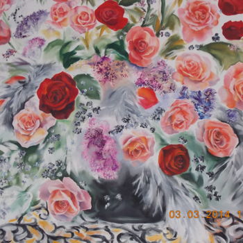 Painting titled "roses et plumes" by Isabelle Seguin, Original Artwork, Acrylic