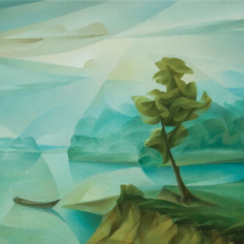 Painting titled "Dawn on the river" by Isaac Feldman, Original Artwork, Oil Mounted on Wood Stretcher frame