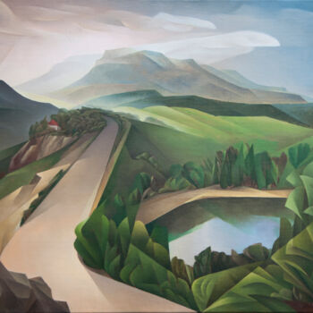 Painting titled "Mountain lake" by Isaac Feldman, Original Artwork, Oil Mounted on Wood Stretcher frame