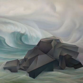 Painting titled "Stone and waves" by Isaac Feldman, Original Artwork, Oil Mounted on Wood Stretcher frame