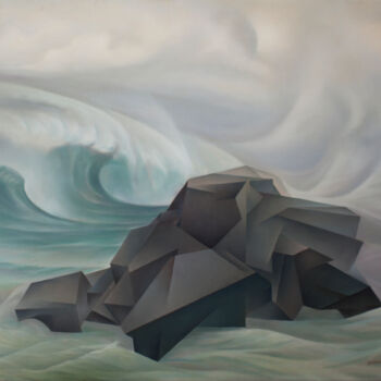 Pintura intitulada "Stone and waves" por Isaac Feldman, Obras de arte originais, Óleo Montado em Armação em madeira