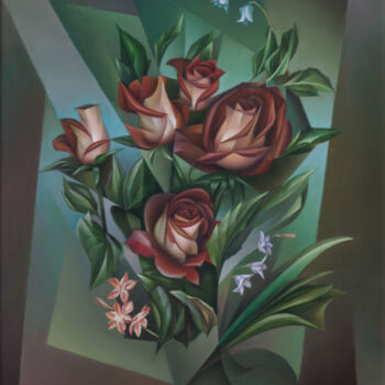 Schilderij getiteld "Roses" door Isaac Feldman, Origineel Kunstwerk, Olie