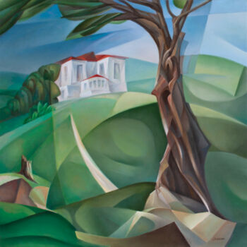 제목이 "House on the hill"인 미술작품 Isaac Feldman로, 원작, 기름 나무 들것 프레임에 장착됨