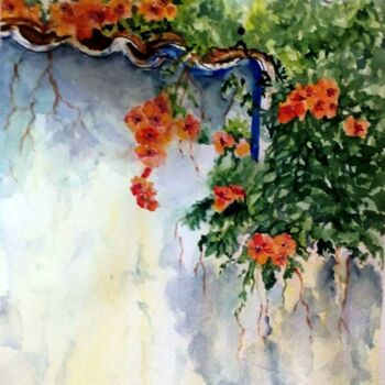 Pintura titulada "telhado-florido-28x…" por Isabel Alfarrobinha, Obra de arte original, Acuarela