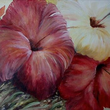 Painting titled "Hibiscos II" by Isabel Alfarrobinha, Original Artwork, Oil