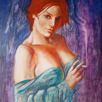 Painting titled "Fumeuse aux yeux pe…" by Isabel Mahe, Original Artwork, Oil Mounted on Wood Stretcher frame