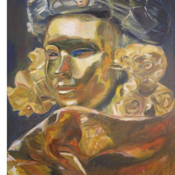 Painting titled "Masque d'Or" by Isabelle Rombi, Original Artwork, Oil