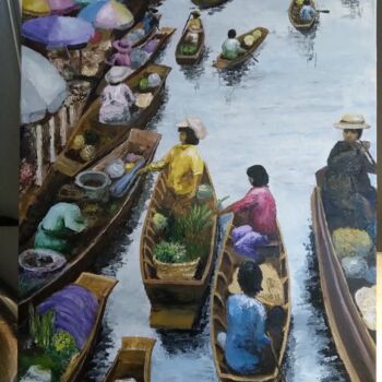 Painting titled "Marché Thailandais" by Isabelle Blanc, Original Artwork, Oil Mounted on Wood Panel