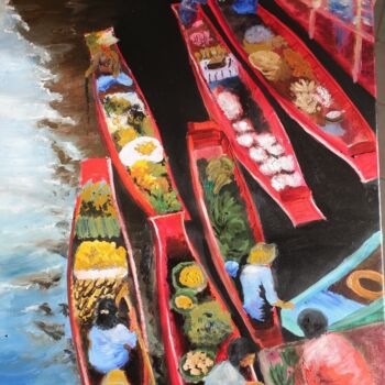 Malarstwo zatytułowany „Marché Vietnamien” autorstwa Isabelle Blanc, Oryginalna praca, Olej Zamontowany na Drewniana rama no…