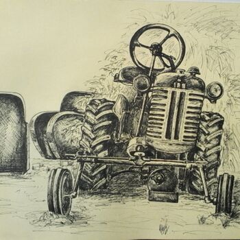 Tekening getiteld "Le tracteur de Linas" door Isabelle Blanc, Origineel Kunstwerk, Potlood Gemonteerd op Karton