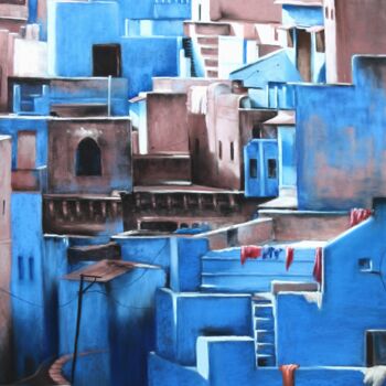 Pittura intitolato "La ville bleue" da Isabelle Boccalini, Opera d'arte originale, Pastello