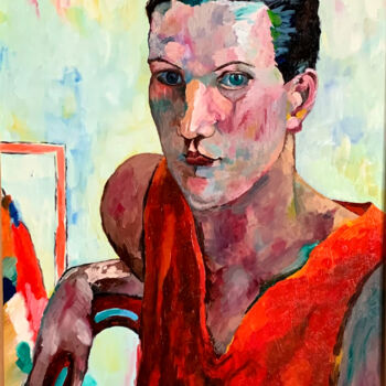Painting titled "Femme haut ruouge" by Isabelle Cros (Cléorel), Original Artwork, Oil Mounted on Cardboard