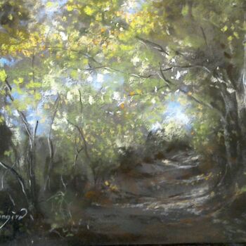 Desenho intitulada "Chemin forestier" por Isabelle Derangere, Obras de arte originais, Pastel