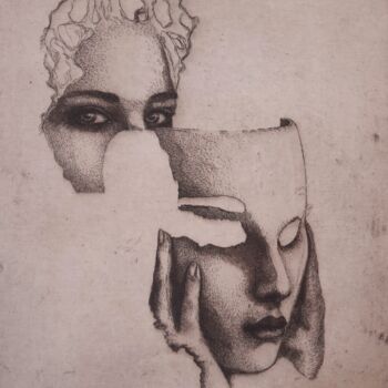 Gravures & estampes intitulée ""Bas les masques"." par Isabelle Desaulty, Œuvre d'art originale, Eau-forte
