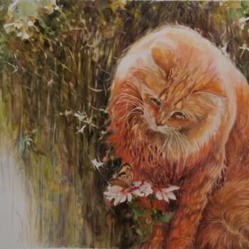 Painting titled "Chat roux" by Isabelle Fontenille, Original Artwork, Watercolor