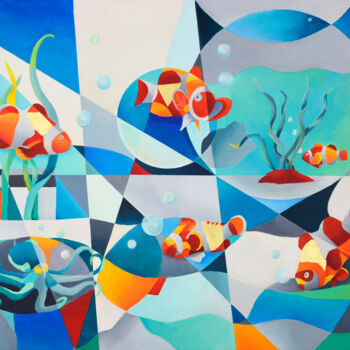 Картина под названием "Les poissons clowns" - Isabelle Guillet Bouloc (ZiB), Подлинное произведение искусства, Акрил