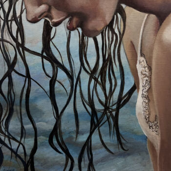 Pintura intitulada "Perlita y el mar 2" por Isabelle Jacq (Gamboena), Obras de arte originais, Óleo Montado em Armação em ma…