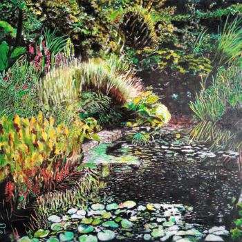 Painting titled "Ecrin de verdure" by Isabelle Lucas, Original Artwork, Oil