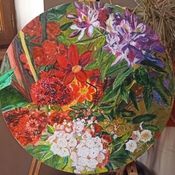 Painting titled "Ronde de fleurs" by Isabelle Lucas, Original Artwork, Oil Mounted on Wood Stretcher frame