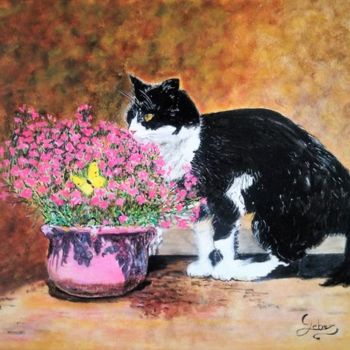 Pintura titulada "Le chat et le papil…" por Isabelle Lucas, Obra de arte original, Oleo