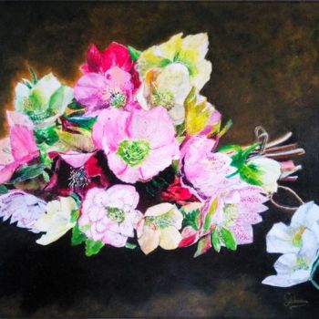 Pintura intitulada "Le bouquet d'helleb…" por Isabelle Lucas, Obras de arte originais, Óleo