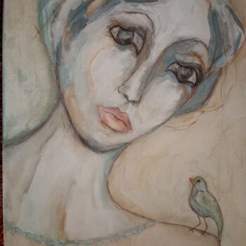 Schilderij getiteld "La femme et l'oiseau" door Isabelle Merle, Origineel Kunstwerk, Aquarel