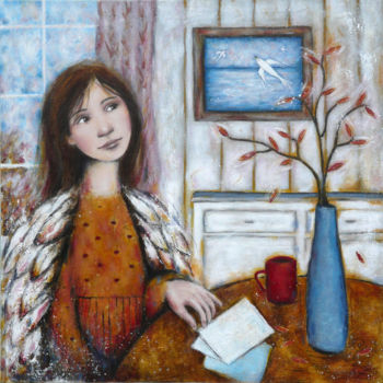 Painting titled "La lettre" by Isabelle Milloz, Original Artwork, Acrylic Mounted on Wood Stretcher frame