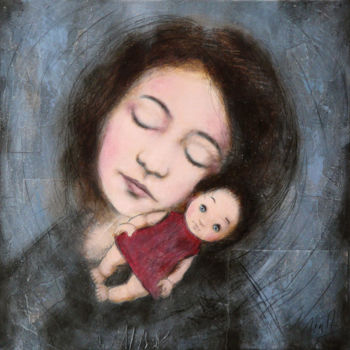 Malerei mit dem Titel "Avec ma poupée" von Isabelle Milloz, Original-Kunstwerk, Acryl Auf Keilrahmen aus Holz montiert