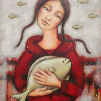 Painting titled "Mon ami poisson" by Isabelle Milloz, Original Artwork, Acrylic Mounted on Wood Stretcher frame