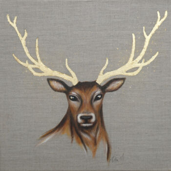 Painting titled "Le Cerf aux bois d'…" by Isabelle Milloz, Original Artwork, Acrylic Mounted on Wood Stretcher frame