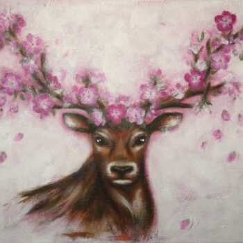 Painting titled "Cerf au printemps I" by Isabelle Milloz, Original Artwork, Acrylic Mounted on Wood Stretcher frame