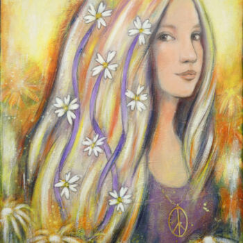 Painting titled "Flowers in your hair" by Isabelle Milloz, Original Artwork, Acrylic Mounted on Wood Stretcher frame