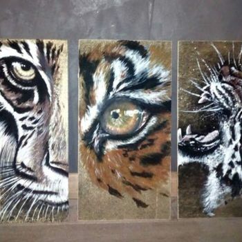 Painting titled "Triptyque FELINS" by Isabelle Roye, Original Artwork, Oil Mounted on Wood Panel