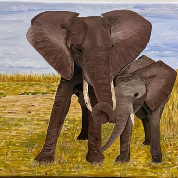 Painting titled "Eléphant et son pet…" by Isabelle Tysiac, Original Artwork, Acrylic Mounted on Wood Stretcher frame