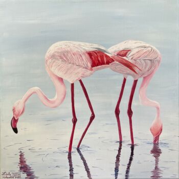 Painting titled "Flamands roses de C…" by Isabelle Tysiac, Original Artwork, Acrylic Mounted on Wood Stretcher frame