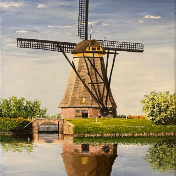 Painting titled "Moulin hollandais" by Isabelle Tysiac, Original Artwork, Acrylic Mounted on Wood Stretcher frame