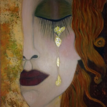 Painting titled "Les larmes d'or" by Isabelle Blot, Original Artwork, Acrylic Mounted on Wood Panel